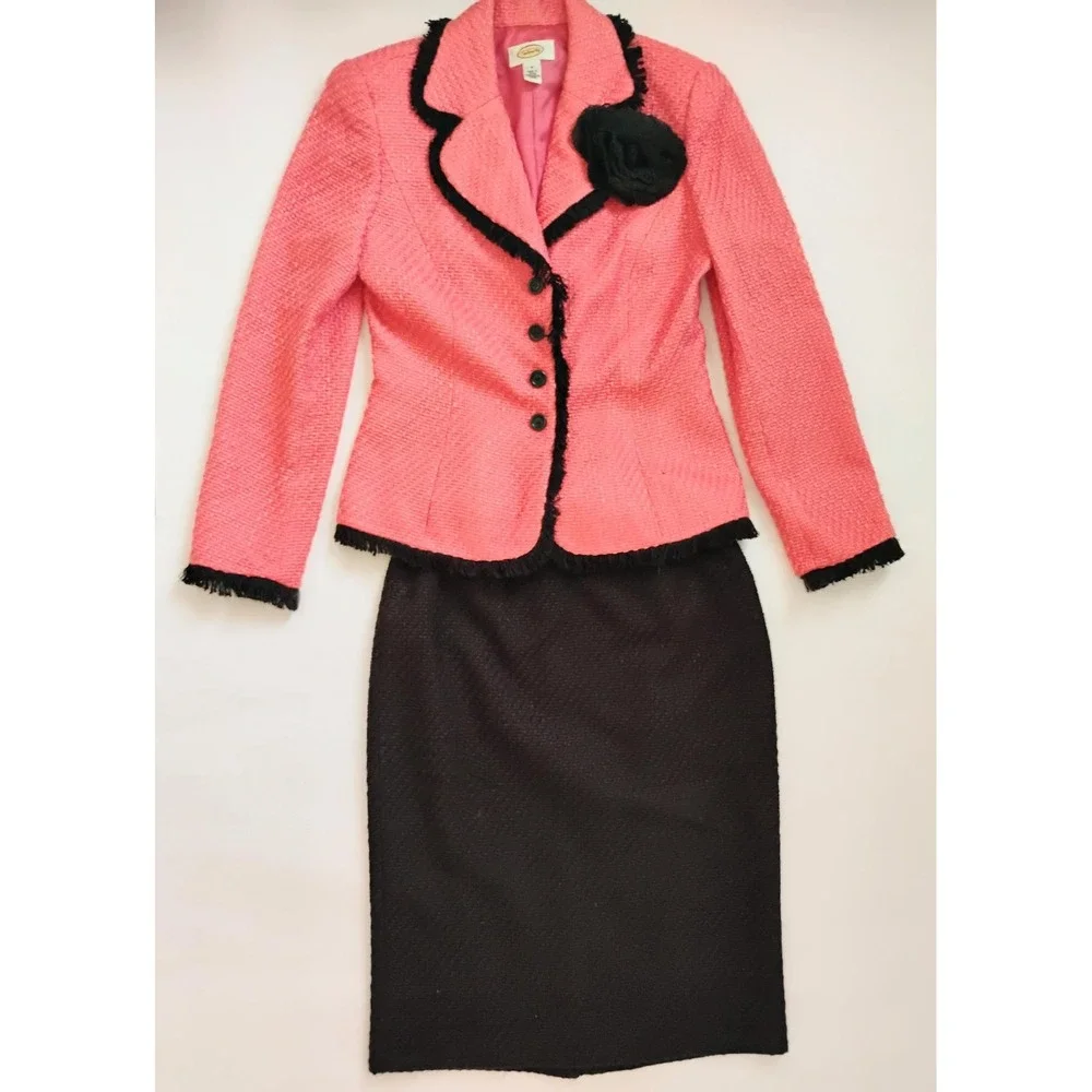 Talbots Skirt Suit Women 4 Coral Black Tweed Fringe Rosette Blazer Pencil Skirt